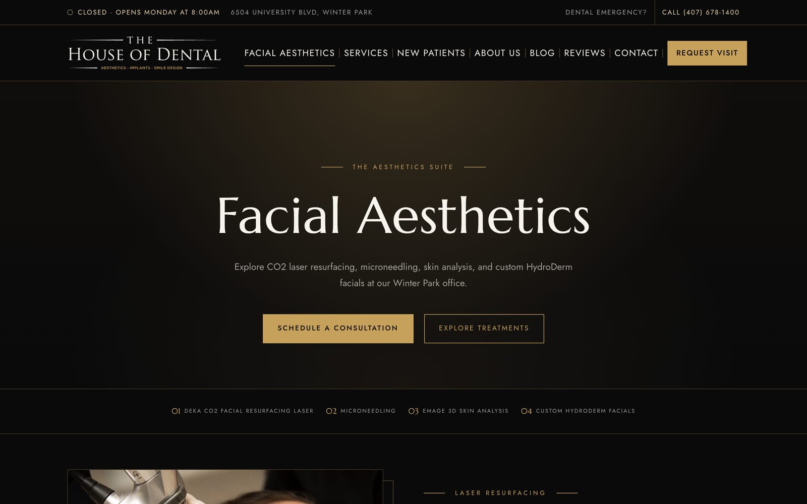 The facial aesthetics page with a large heading, an introduction, and consultation buttons.