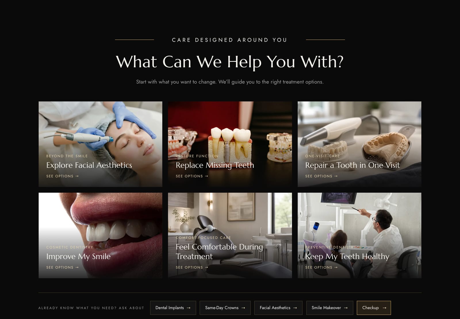 Homepage section titled “What Can We Help You With?” with six photographed treatment cards: explore facial aesthetics, replace missing teeth, repair a tooth in one visit, improve my smile, feel comfortable during treatment, and keep my teeth healthy.