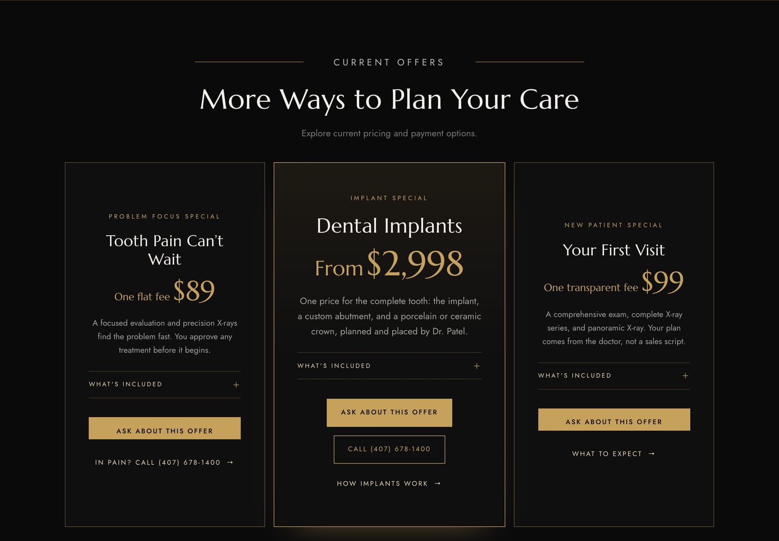 Homepage section titled “More Ways to Plan Your Care” with three offer cards, including dental implants from $2,998 with what is included.