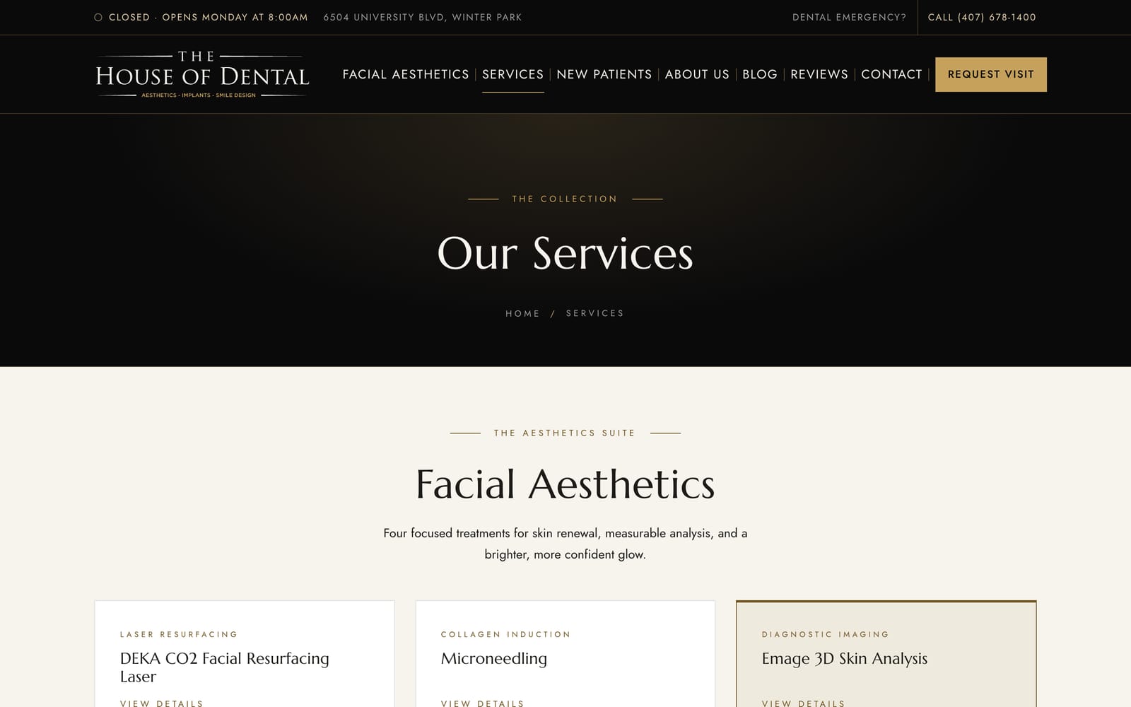 The services page, with a facial aesthetics section and treatment cards on a light background.