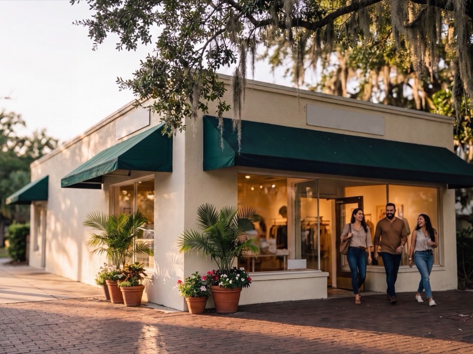 A shopfront with a green awning under oak trees in Winter Park, late afternoon