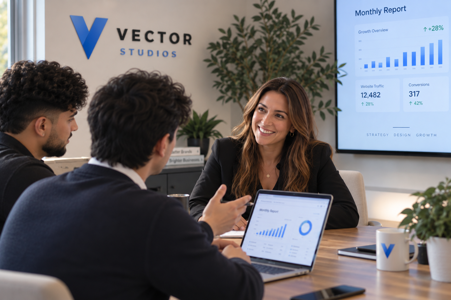 Eishan and Shashaank working through a monthly report with a client